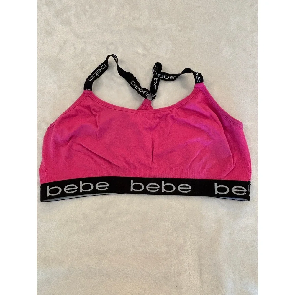 Bebe Sport Bra Hot Pink Logo Band Racerback Activewear Wireless Bralette L